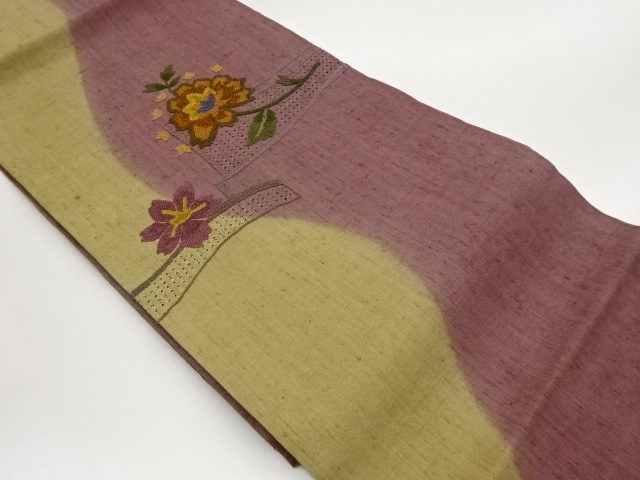JAPANESE KIMONO / TSUMUGI SHANTOU SAGARA EMBROIDERY FLOWER LEAF PATTER